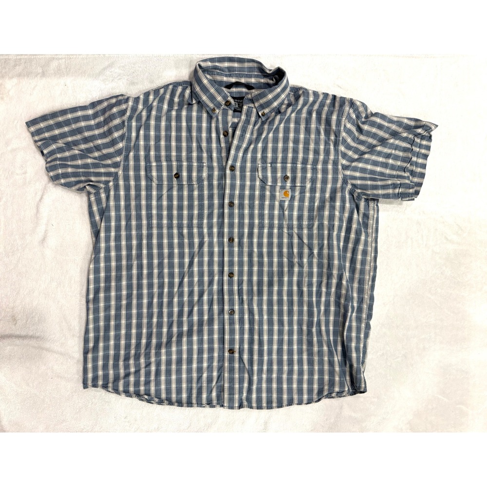 Carhartt Mens 2XL Tall‎ Blue Plaid Loose Fit Short Sleeve Button Down Shirt